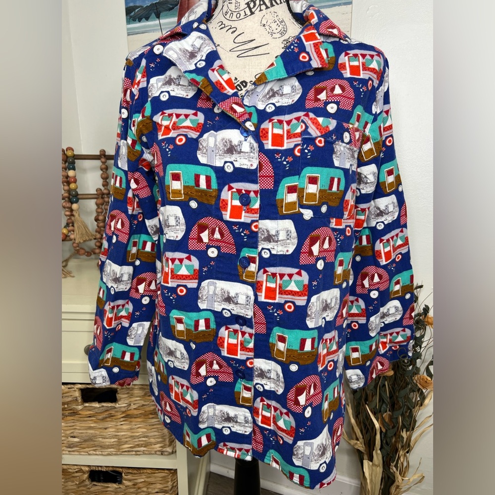 Sleep Sense Blue Travel Trailer Camping Flannel Pajama Top